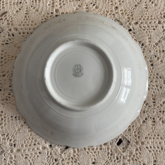 E.E.C. Co. Porcelain Cherry serving bowl w/peach luster ware green scalloped - Picture 4 of 5